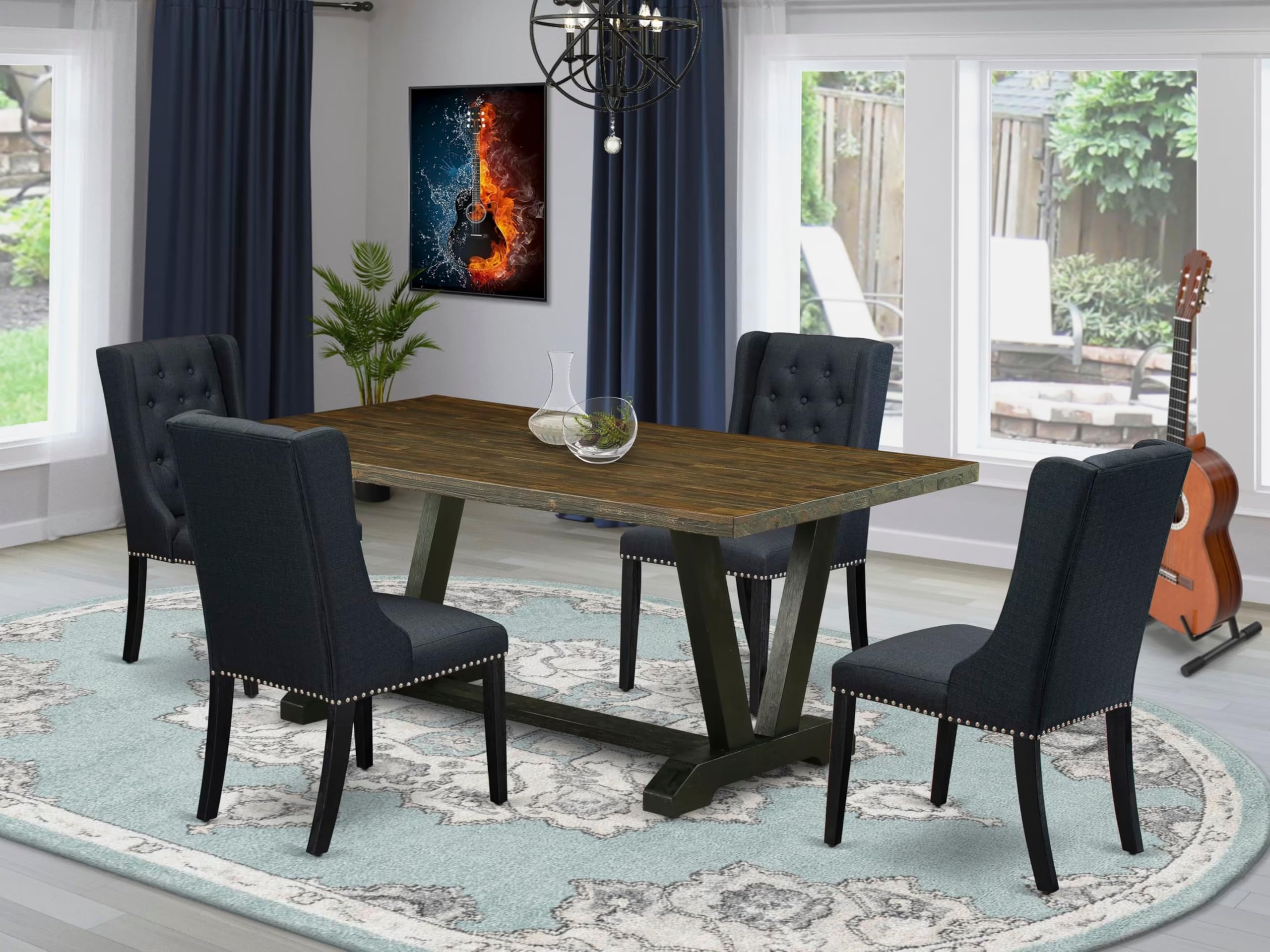 East West Furniture V677FO624-5 5 Piece Modern Dining Table Set Includes a Rectangle Wooden Table with V-Legs and 4 Black Linen Fabric Parson Dining Room Chairs, 40x72 Inch, Multi-Color